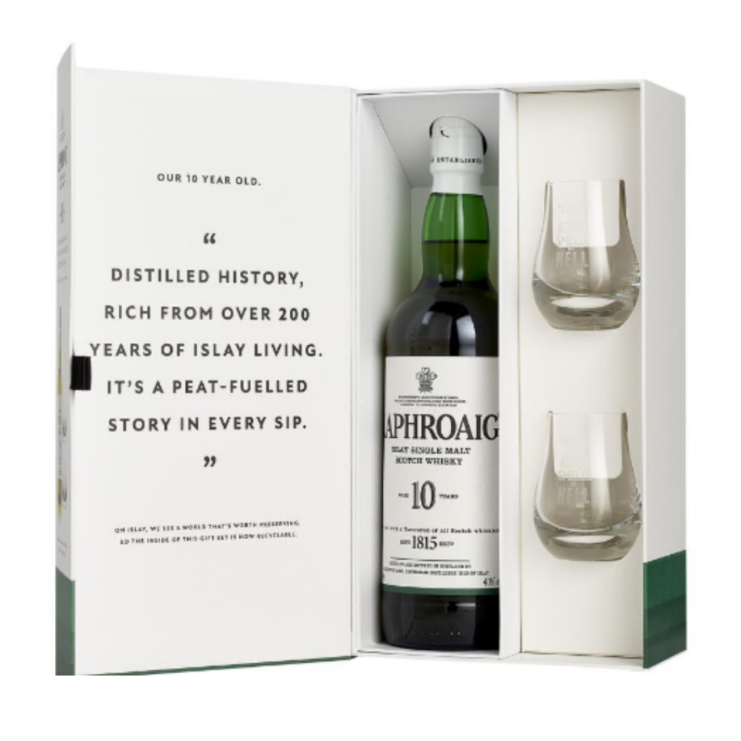 Laphroaig 10 Year Old Single Malt Scotch Whisky 700ml + 2 Glasses